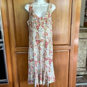 CAbi Orange and Green Ruffled Midi Sundress